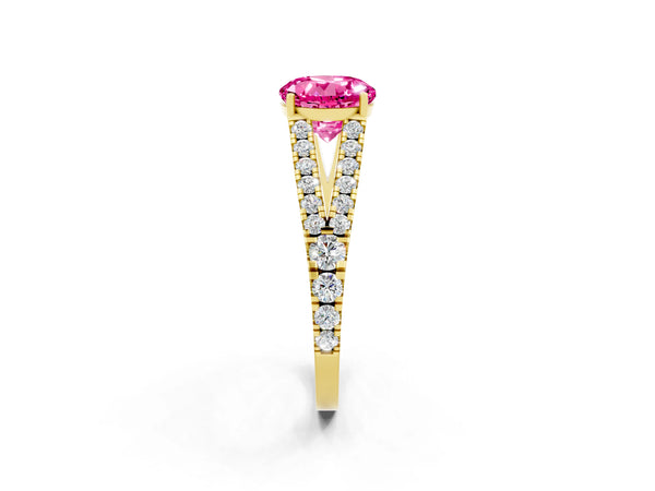 Yellow gold Round Cut Pink Sapphire Split Shank Pavé Engagement Ring with Four-Prong Setting