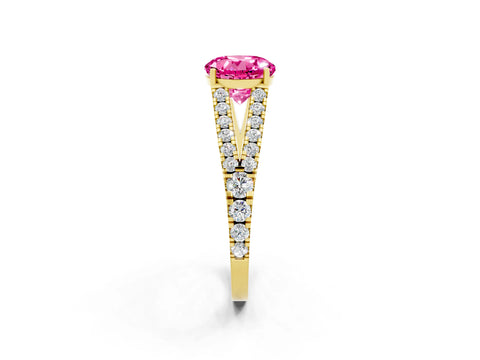 Yellow gold Round Cut Pink Sapphire Split Shank Pavé Engagement Ring with Four-Prong Setting_14