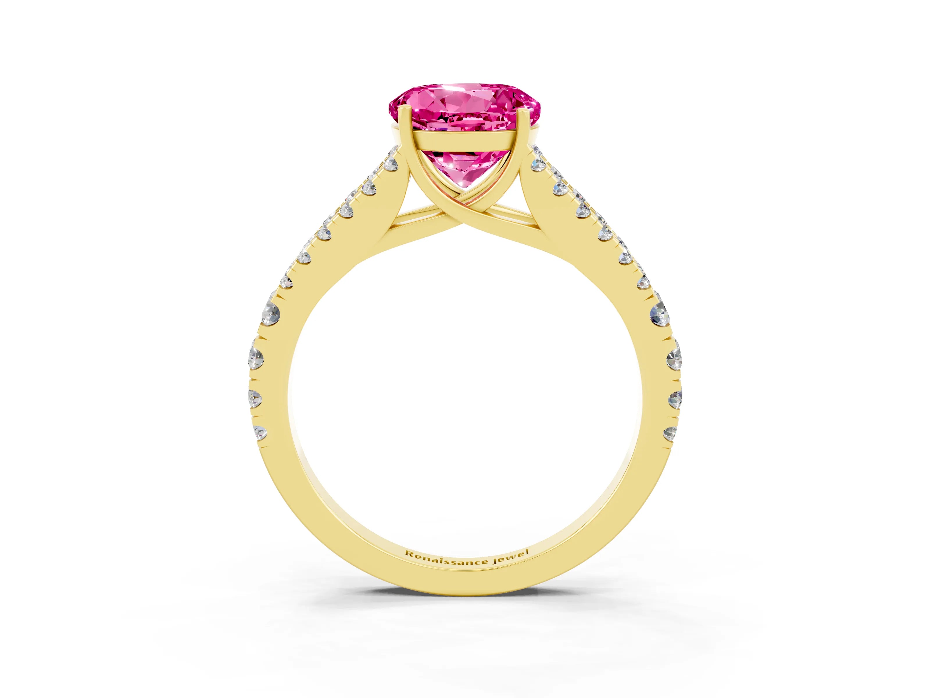 Yellow gold Round Cut Pink Sapphire Split Shank Pavé Engagement Ring with Four-Prong Setting_15