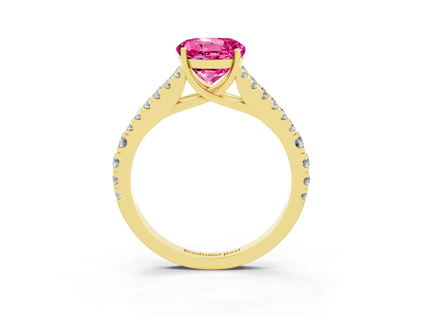 Yellow gold Round Cut Pink Sapphire Split Shank Pavé Engagement Ring with Four-Prong Setting