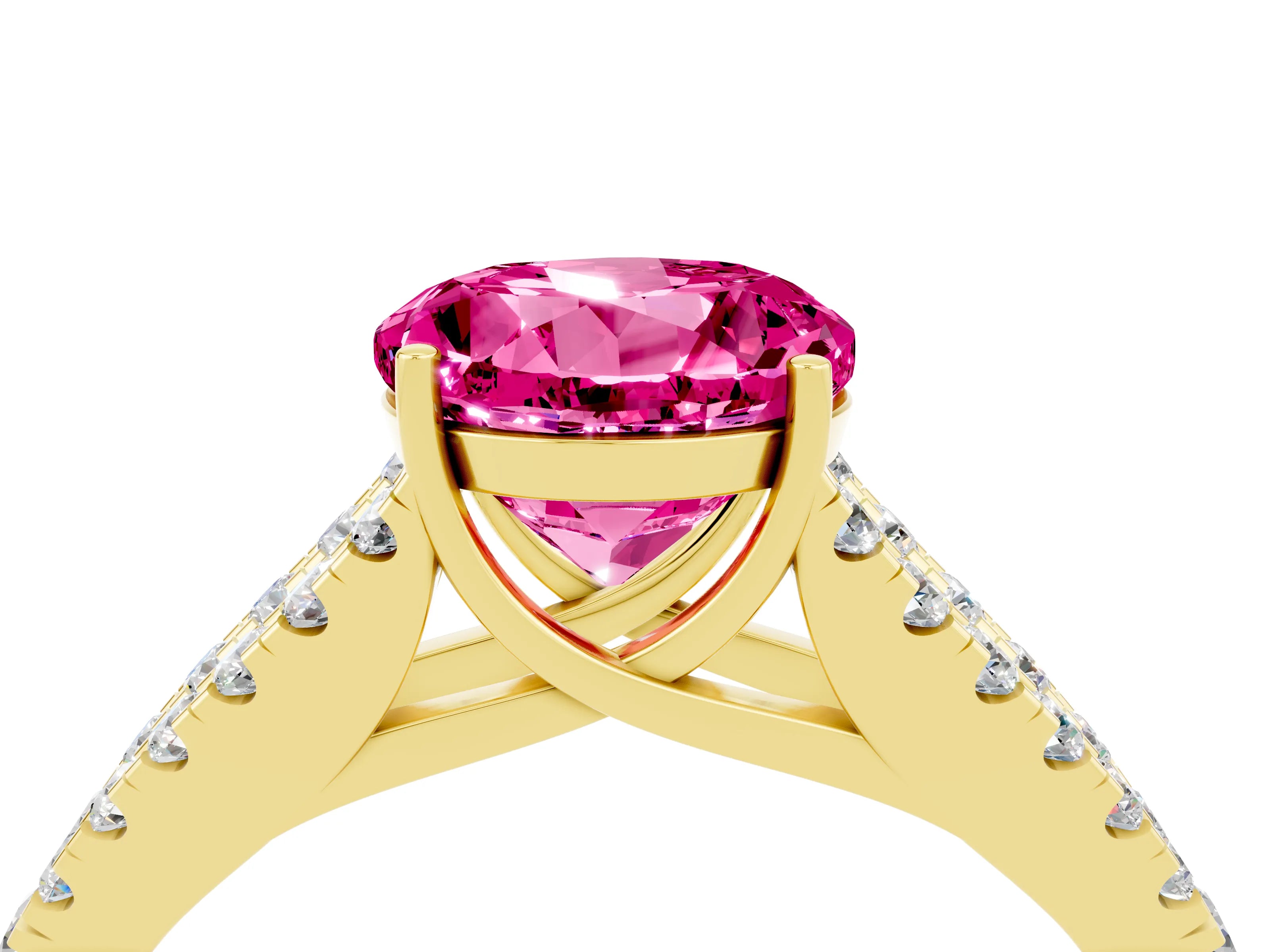 Yellow gold Round Cut Pink Sapphire Split Shank Pavé Engagement Ring with Four-Prong Setting_16