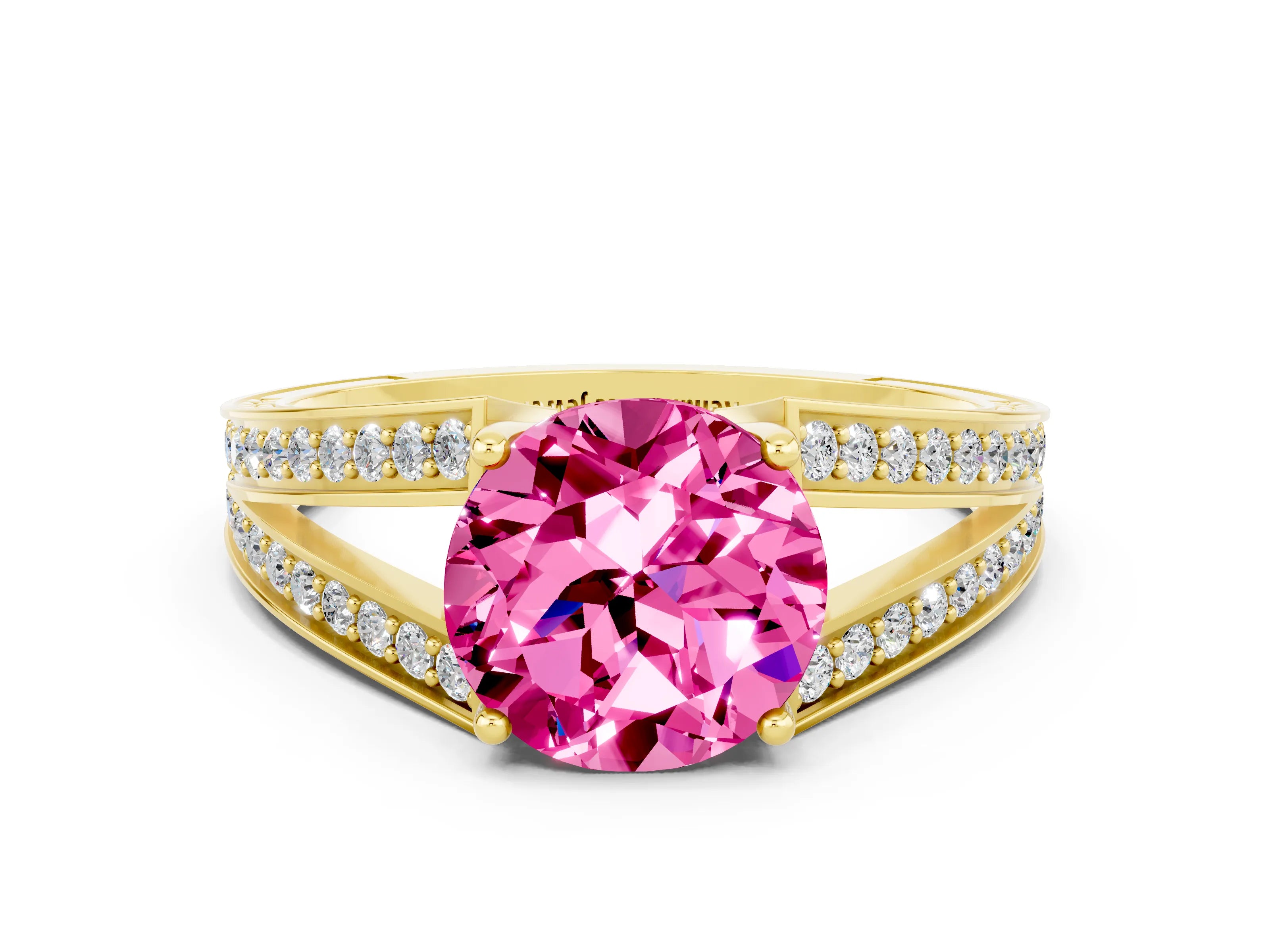 Yellow gold Round Cut Pink Sapphire Split Shank Ring with Pavé Band and Four-Prong Setting