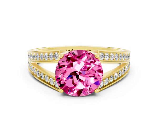 Yellow gold Round Cut Pink Sapphire Split Shank Ring with Pavé Band and Four-Prong Setting