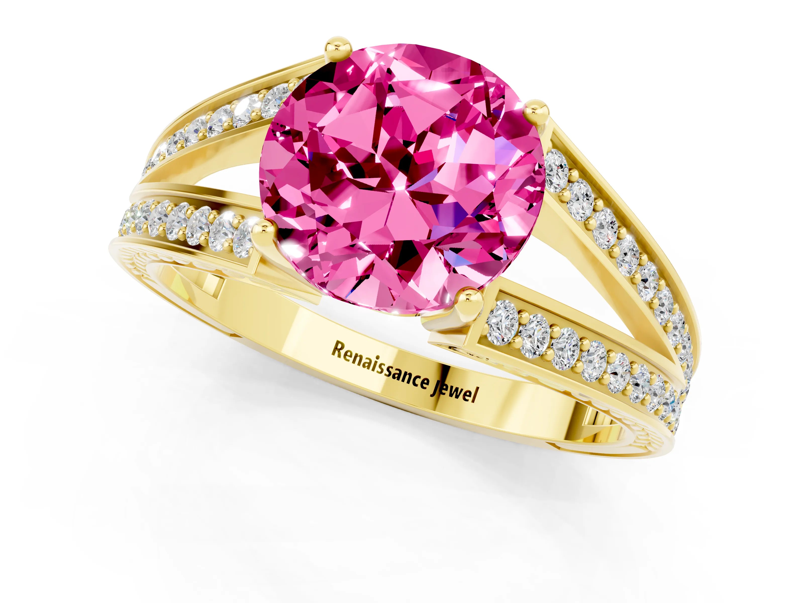 Yellow gold Round Cut Pink Sapphire Split Shank Ring with Pavé Band and Four-Prong Setting_1