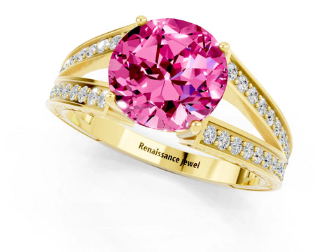 Yellow gold Round Cut Pink Sapphire Split Shank Ring with Pavé Band and Four-Prong Setting_1