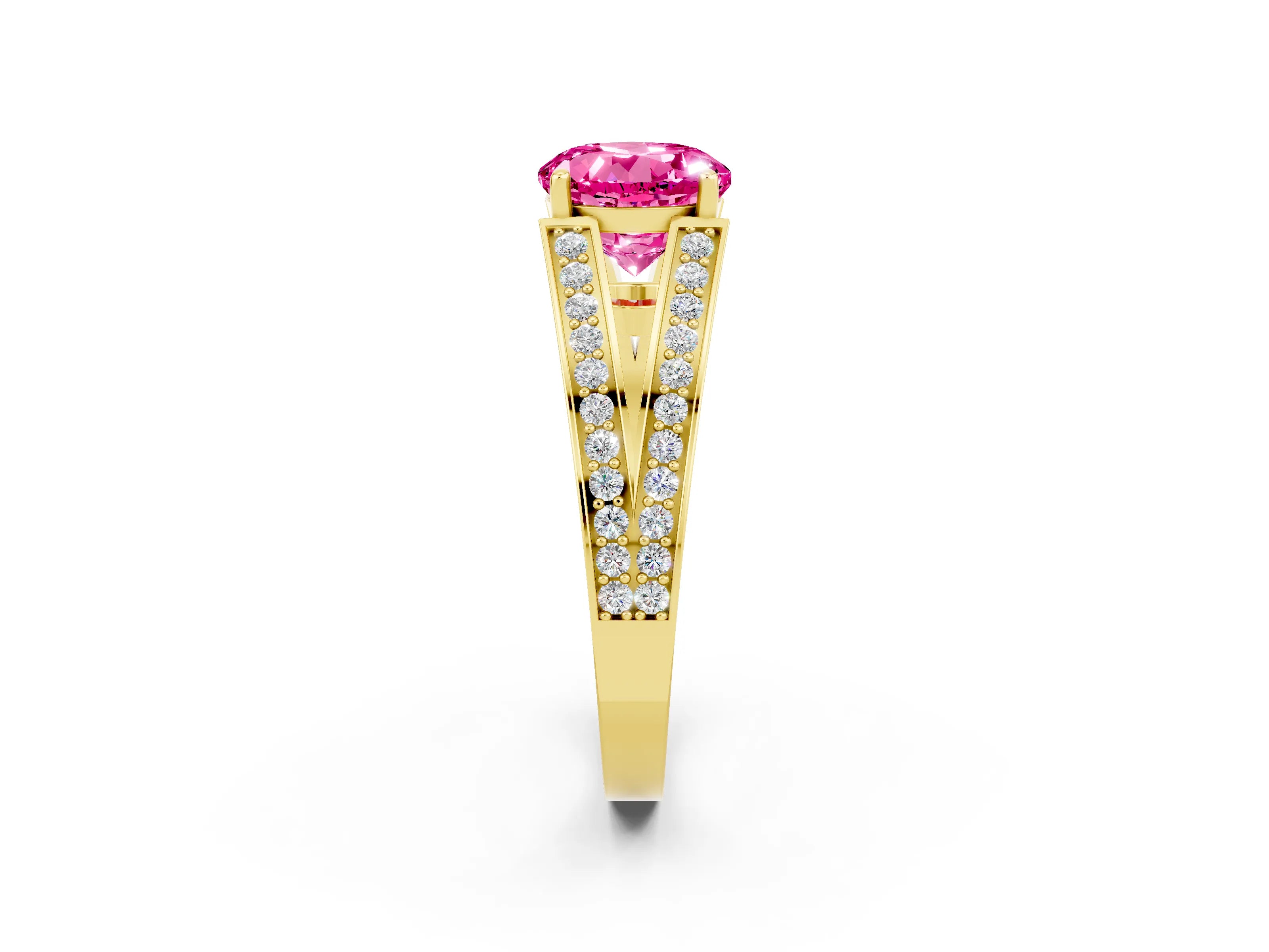 Yellow gold Round Cut Pink Sapphire Split Shank Ring with Pavé Band and Four-Prong Setting_2