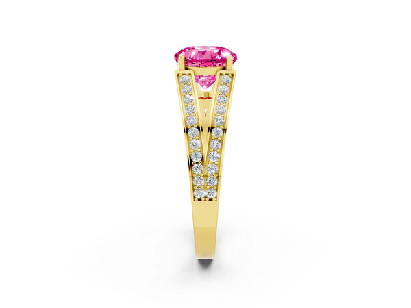 Yellow gold Round Cut Pink Sapphire Split Shank Ring with Pavé Band and Four-Prong Setting