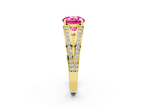 Yellow gold Round Cut Pink Sapphire Split Shank Ring with Pavé Band and Four-Prong Setting_2