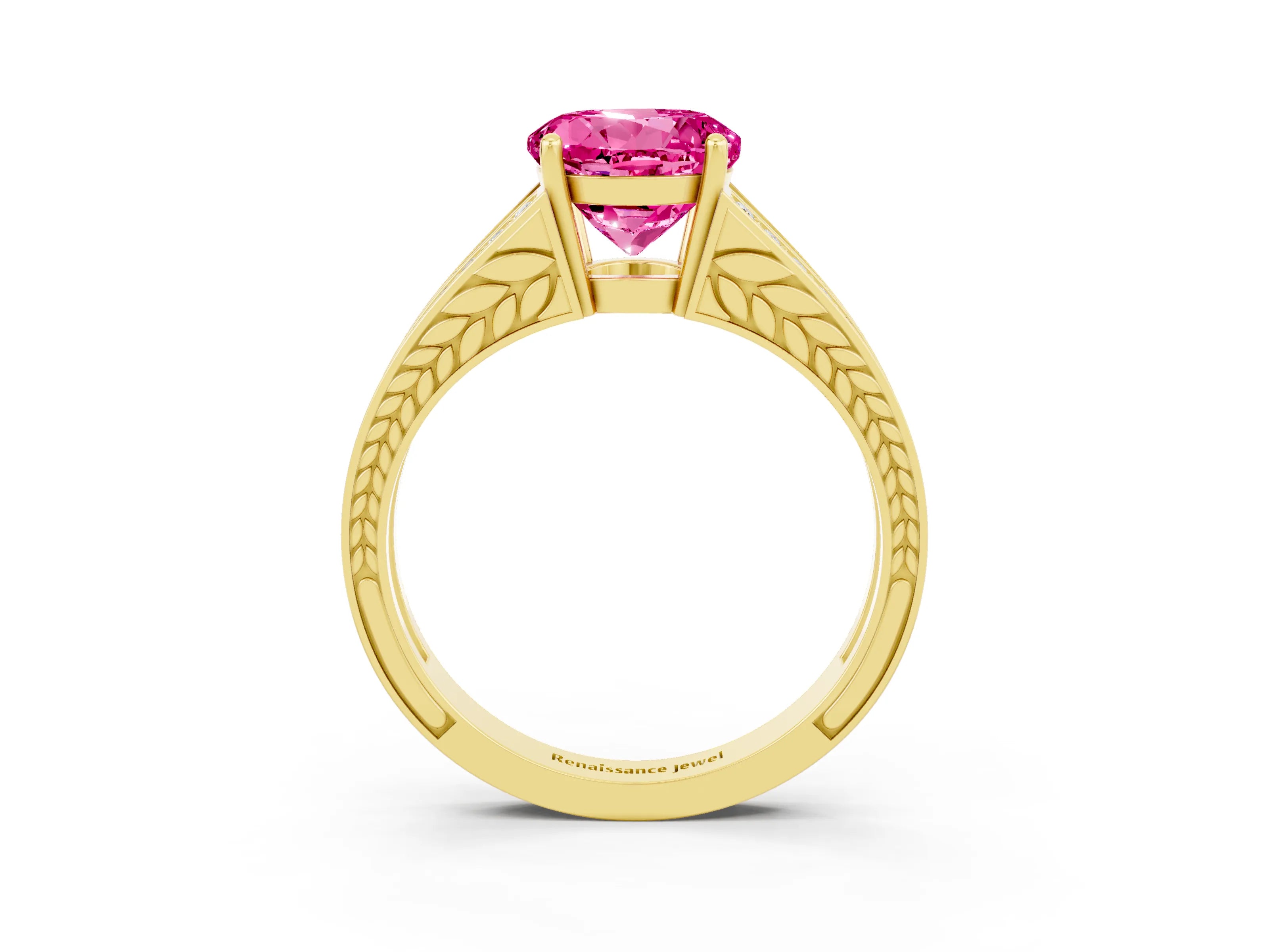 Yellow gold Round Cut Pink Sapphire Split Shank Ring with Pavé Band and Four-Prong Setting_3