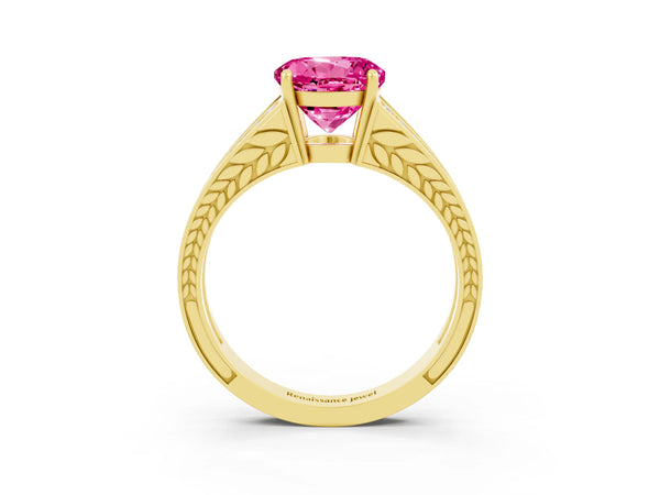 Yellow gold Round Cut Pink Sapphire Split Shank Ring with Pavé Band and Four-Prong Setting