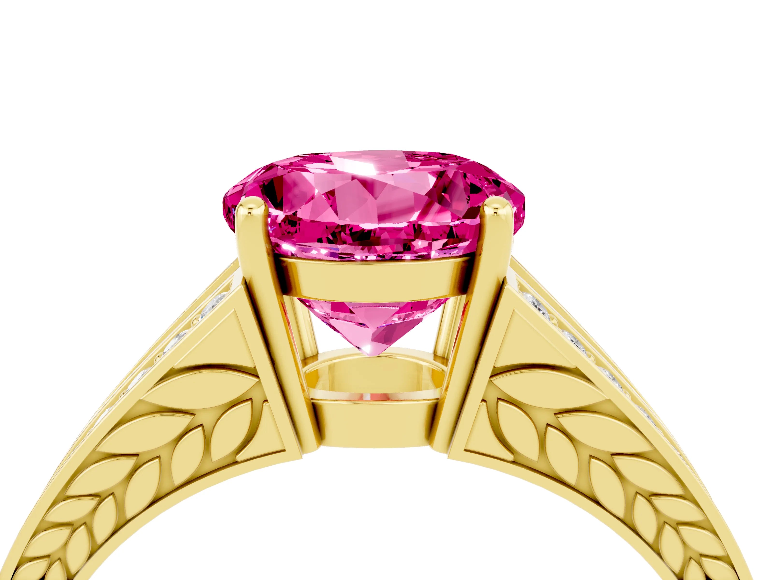 Yellow gold Round Cut Pink Sapphire Split Shank Ring with Pavé Band and Four-Prong Setting_4