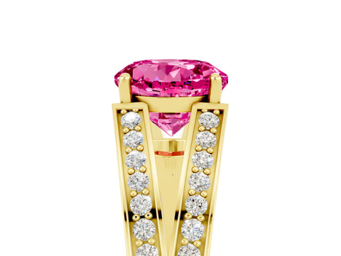 Yellow gold Round Cut Pink Sapphire Split Shank Ring with Pavé Band and Four-Prong Setting_5