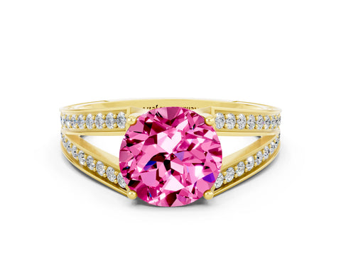 Yellow gold Round Cut Pink Sapphire Split Shank Ring with Pavé Band and Four-Prong Setting