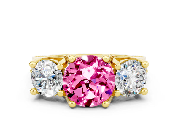 Yellow gold Round Cut Pink Sapphire Three-Stone Ring with Channel Set Band and Four-Prong Setting