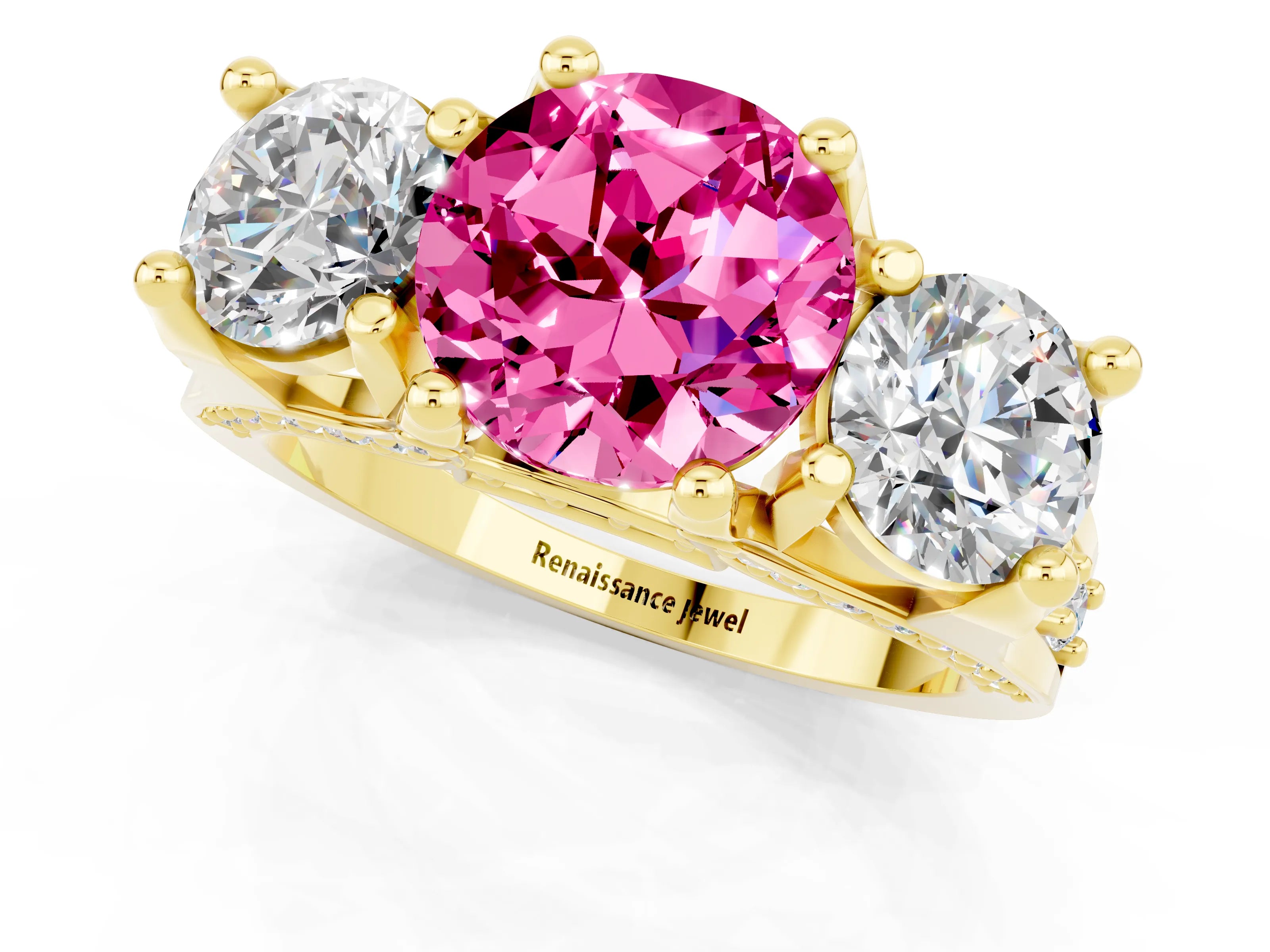 Yellow gold Round Cut Pink Sapphire Three-Stone Ring with Channel Set Band and Four-Prong Setting_1
