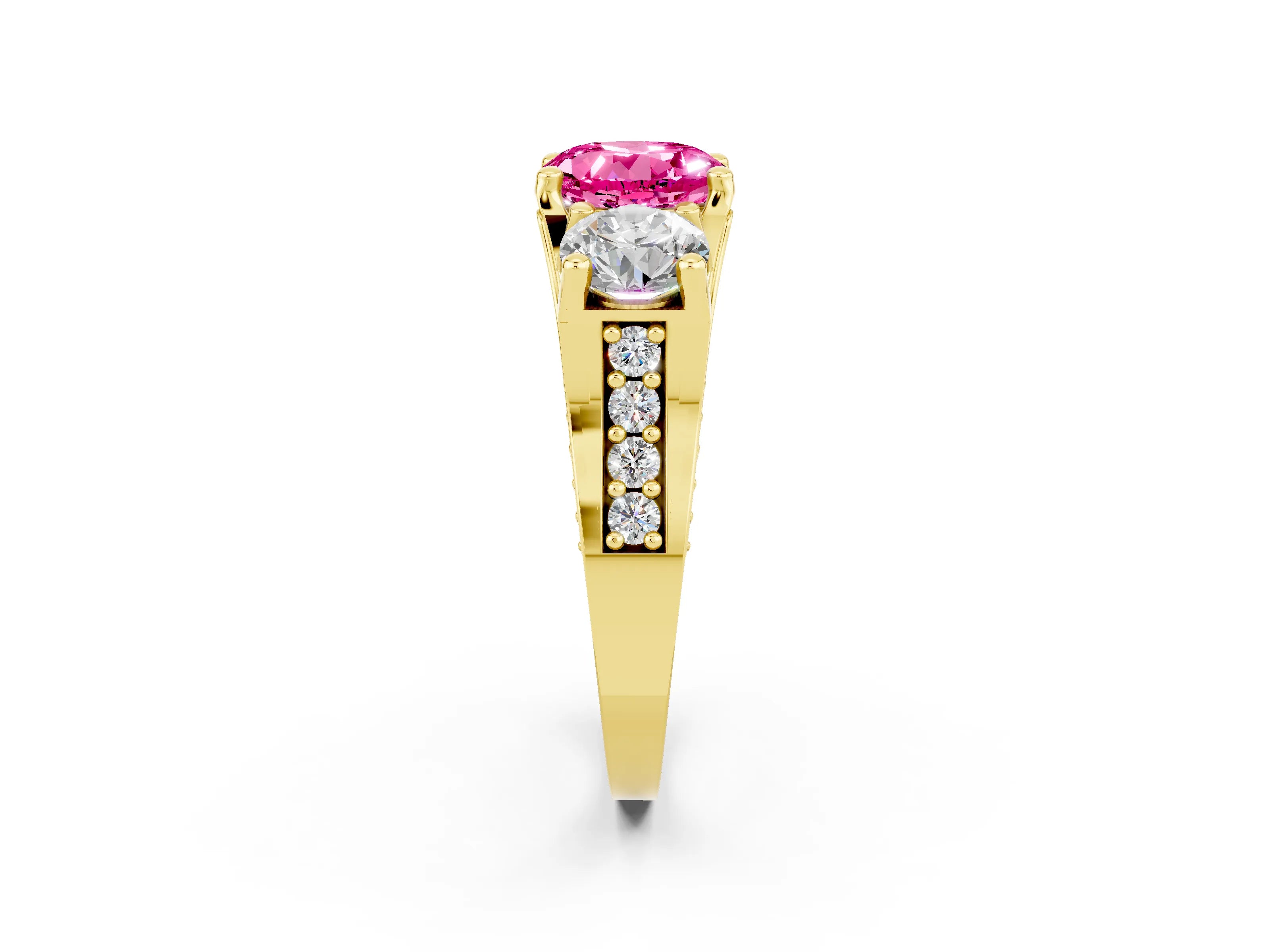 Yellow gold Round Cut Pink Sapphire Three-Stone Ring with Channel Set Band and Four-Prong Setting_2