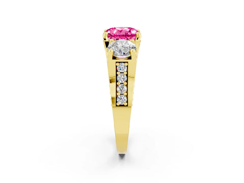 Yellow gold Round Cut Pink Sapphire Three-Stone Ring with Channel Set Band and Four-Prong Setting_2