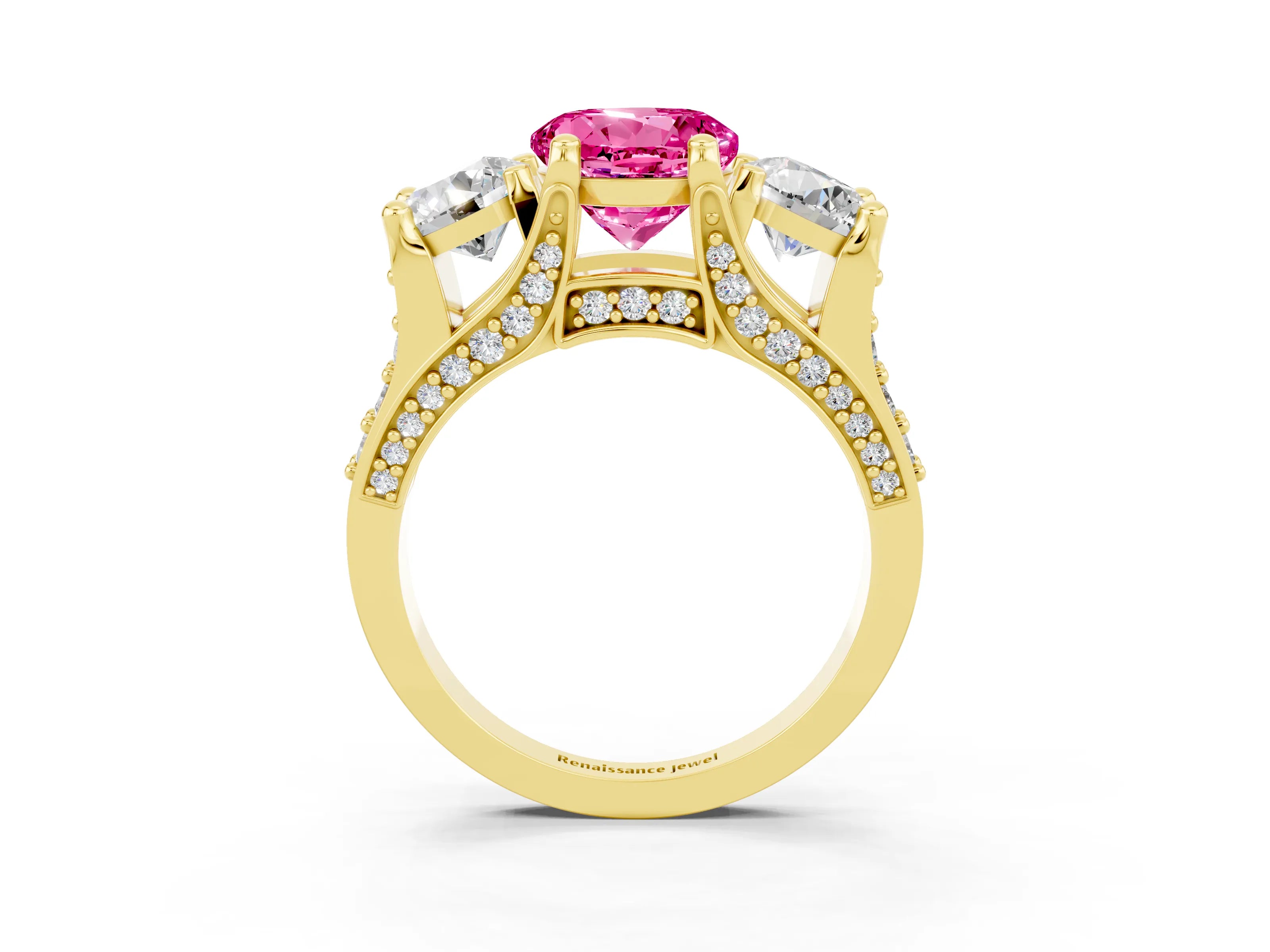 Yellow gold Round Cut Pink Sapphire Three-Stone Ring with Channel Set Band and Four-Prong Setting_3
