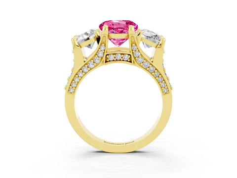 Yellow gold Round Cut Pink Sapphire Three-Stone Ring with Channel Set Band and Four-Prong Setting_3