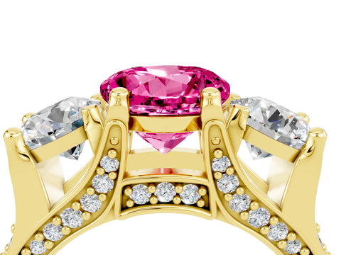 Yellow gold Round Cut Pink Sapphire Three-Stone Ring with Channel Set Band and Four-Prong Setting_4
