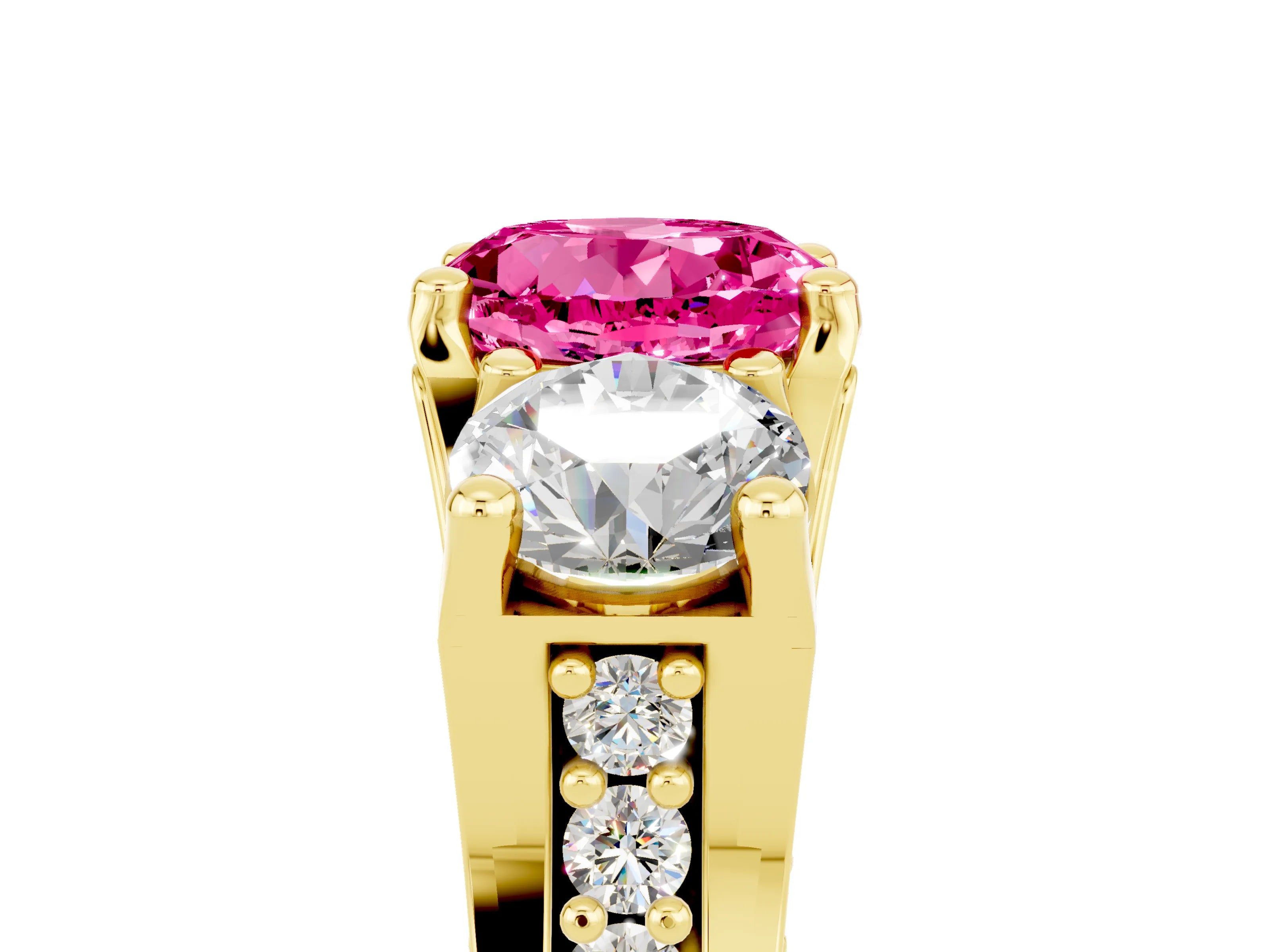 Yellow gold Round Cut Pink Sapphire Three-Stone Ring with Channel Set Band and Four-Prong Setting_5