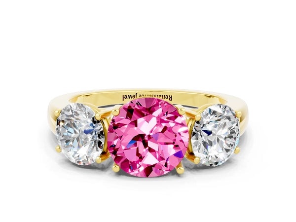 Yellow gold Round Cut Pink Sapphire Three-Stone Ring with Four-Prong Setting and Classic Band