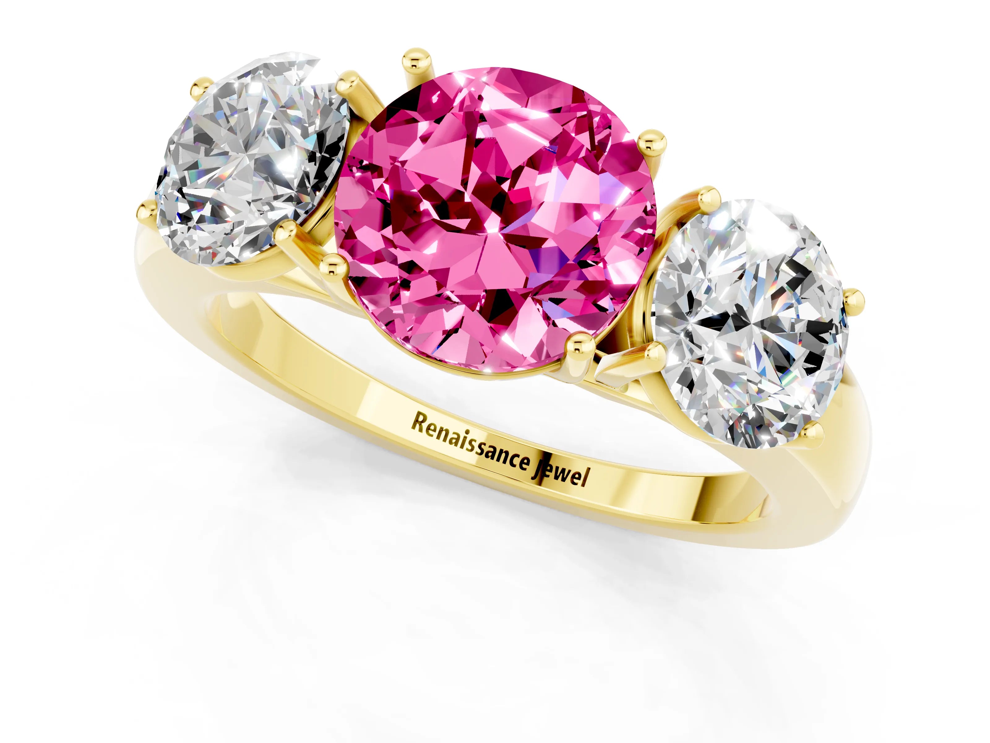 Yellow gold Round Cut Pink Sapphire Three-Stone Ring with Four-Prong Setting and Classic Band_1