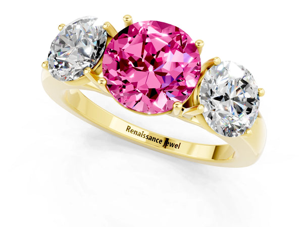Yellow gold Round Cut Pink Sapphire Three-Stone Ring with Four-Prong Setting and Classic Band