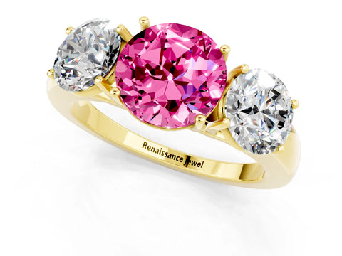 Yellow gold Round Cut Pink Sapphire Three-Stone Ring with Four-Prong Setting and Classic Band_1