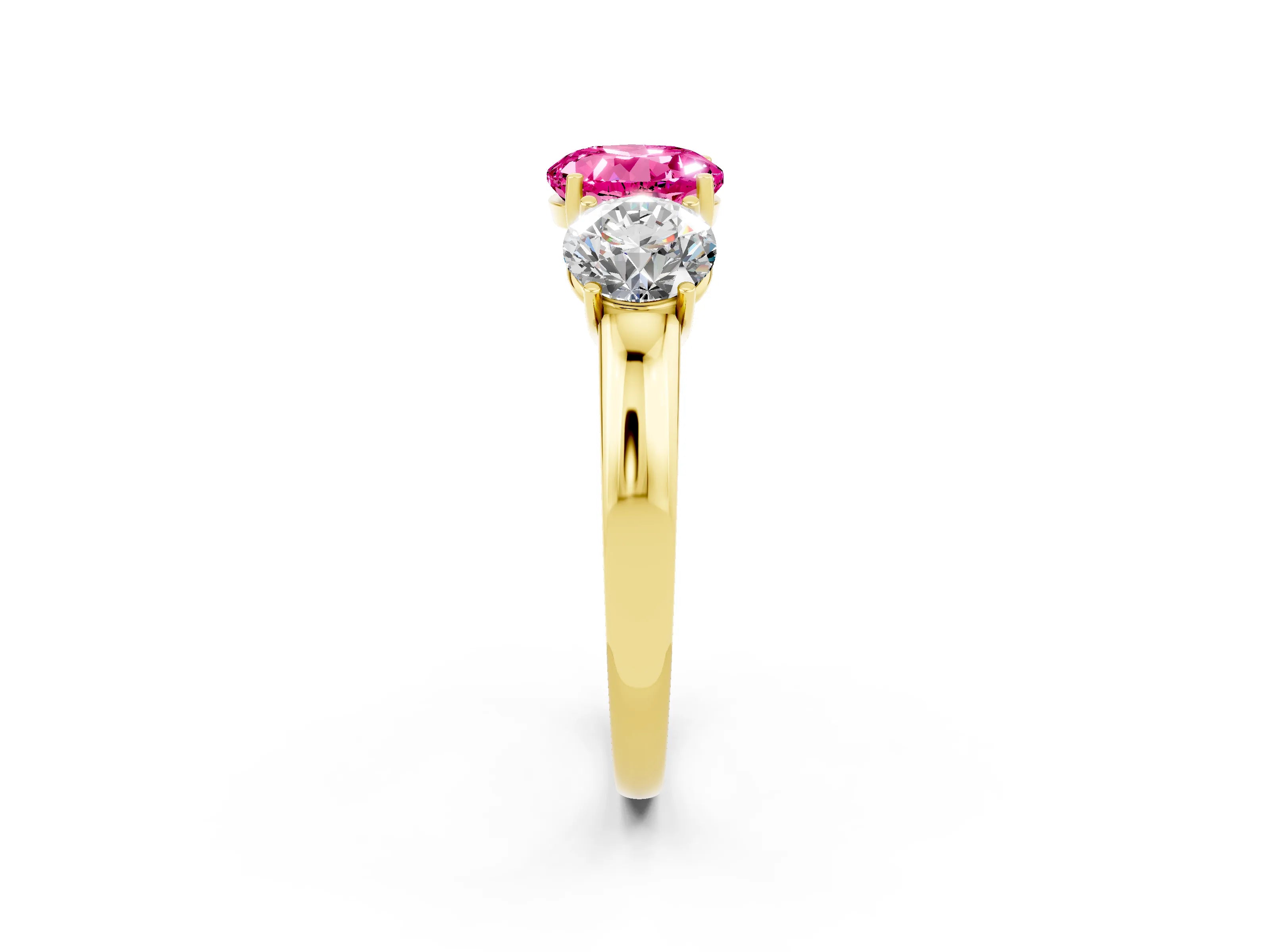 Yellow gold Round Cut Pink Sapphire Three-Stone Ring with Four-Prong Setting and Classic Band_2