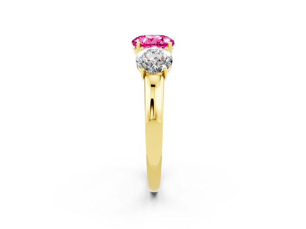 Yellow gold Round Cut Pink Sapphire Three-Stone Ring with Four-Prong Setting and Classic Band
