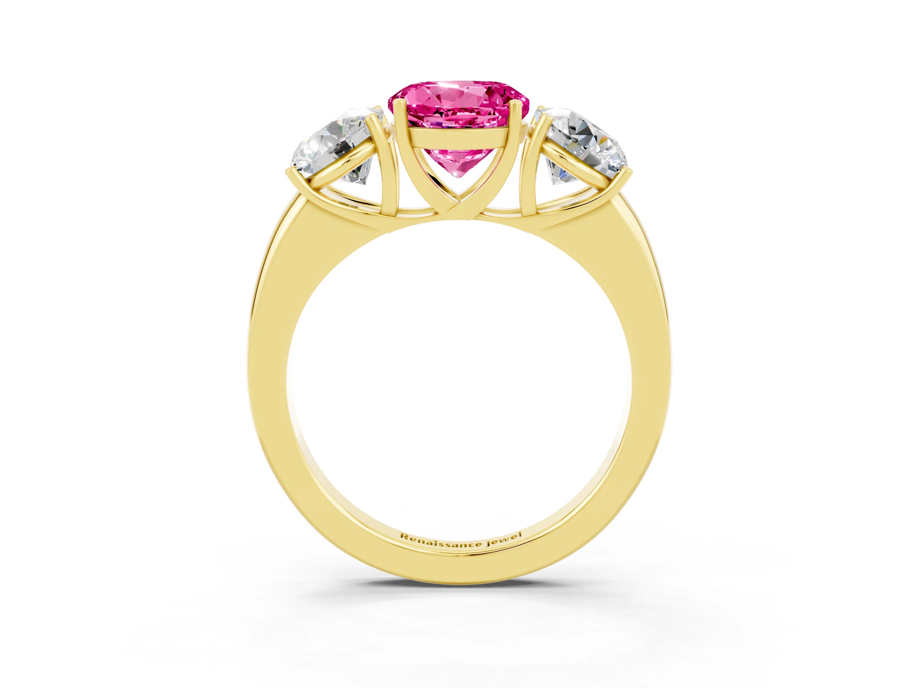 Yellow gold Round Cut Pink Sapphire Three-Stone Ring with Four-Prong Setting and Classic Band_3
