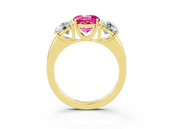 Yellow gold Round Cut Pink Sapphire Three-Stone Ring with Four-Prong Setting and Classic Band