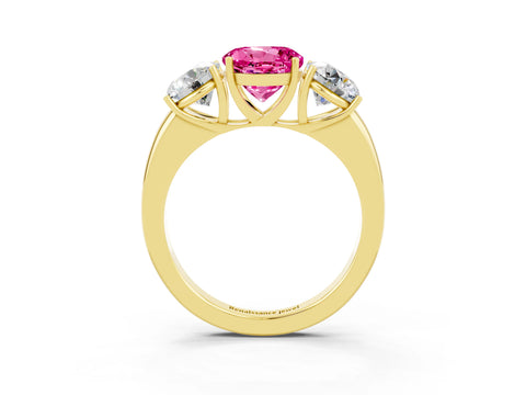 Yellow gold Round Cut Pink Sapphire Three-Stone Ring with Four-Prong Setting and Classic Band_3