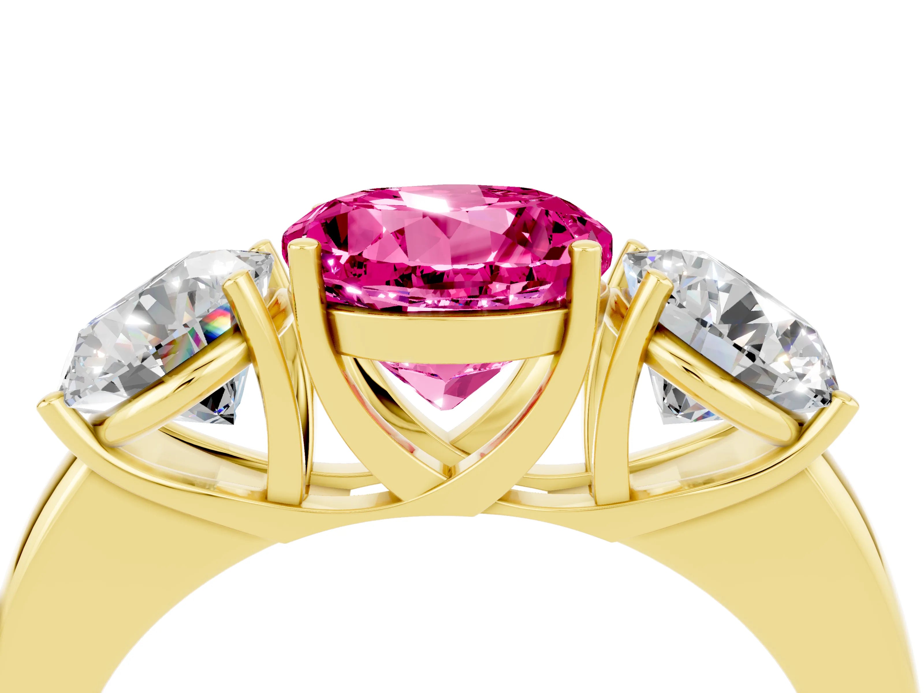 Yellow gold Round Cut Pink Sapphire Three-Stone Ring with Four-Prong Setting and Classic Band_4