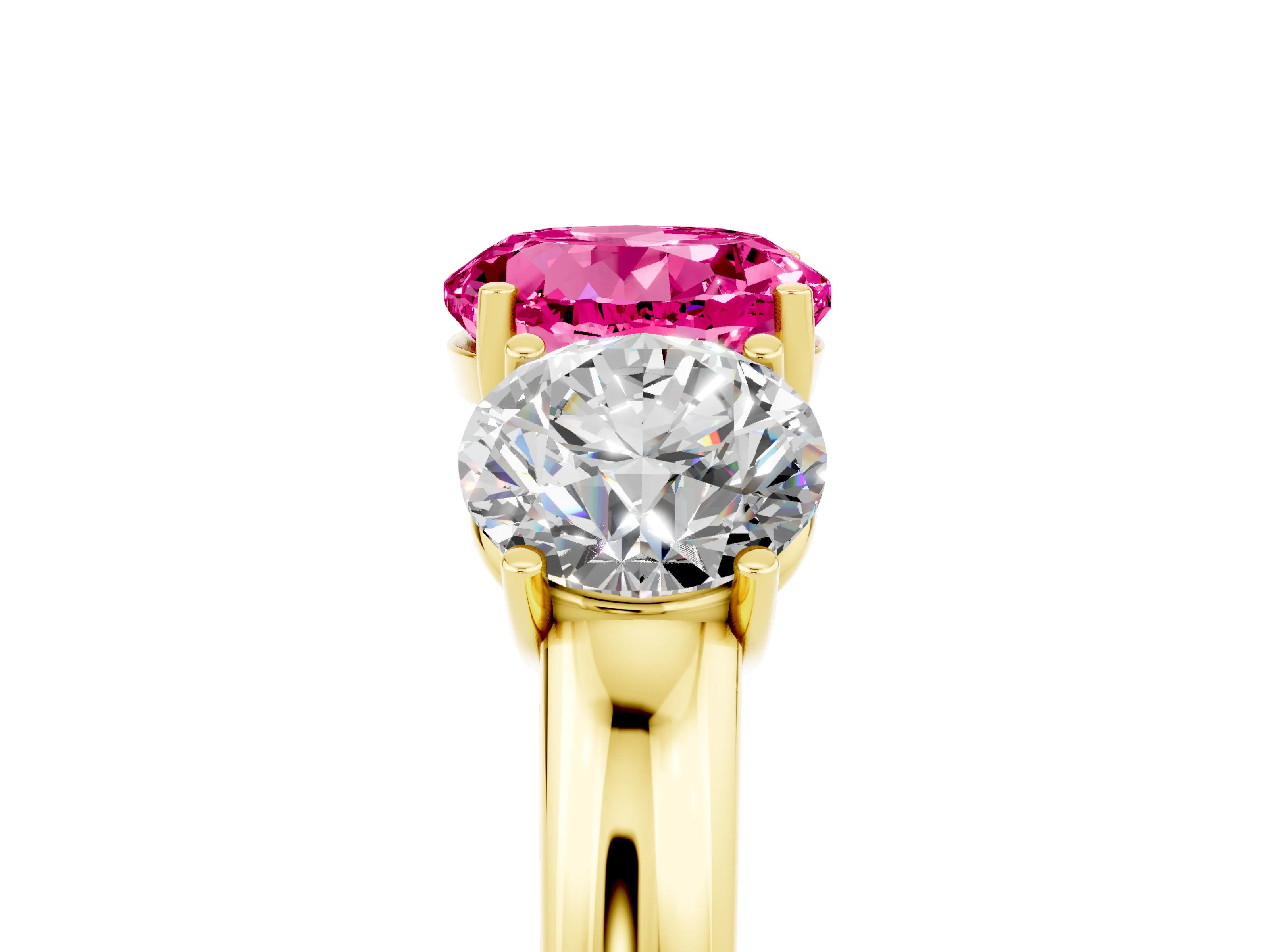 Yellow gold Round Cut Pink Sapphire Three-Stone Ring with Four-Prong Setting and Classic Band_5