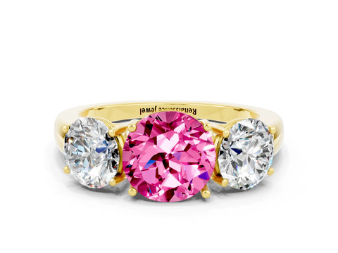 Yellow gold Round Cut Pink Sapphire Three-Stone Ring with Four-Prong Setting and Classic Band