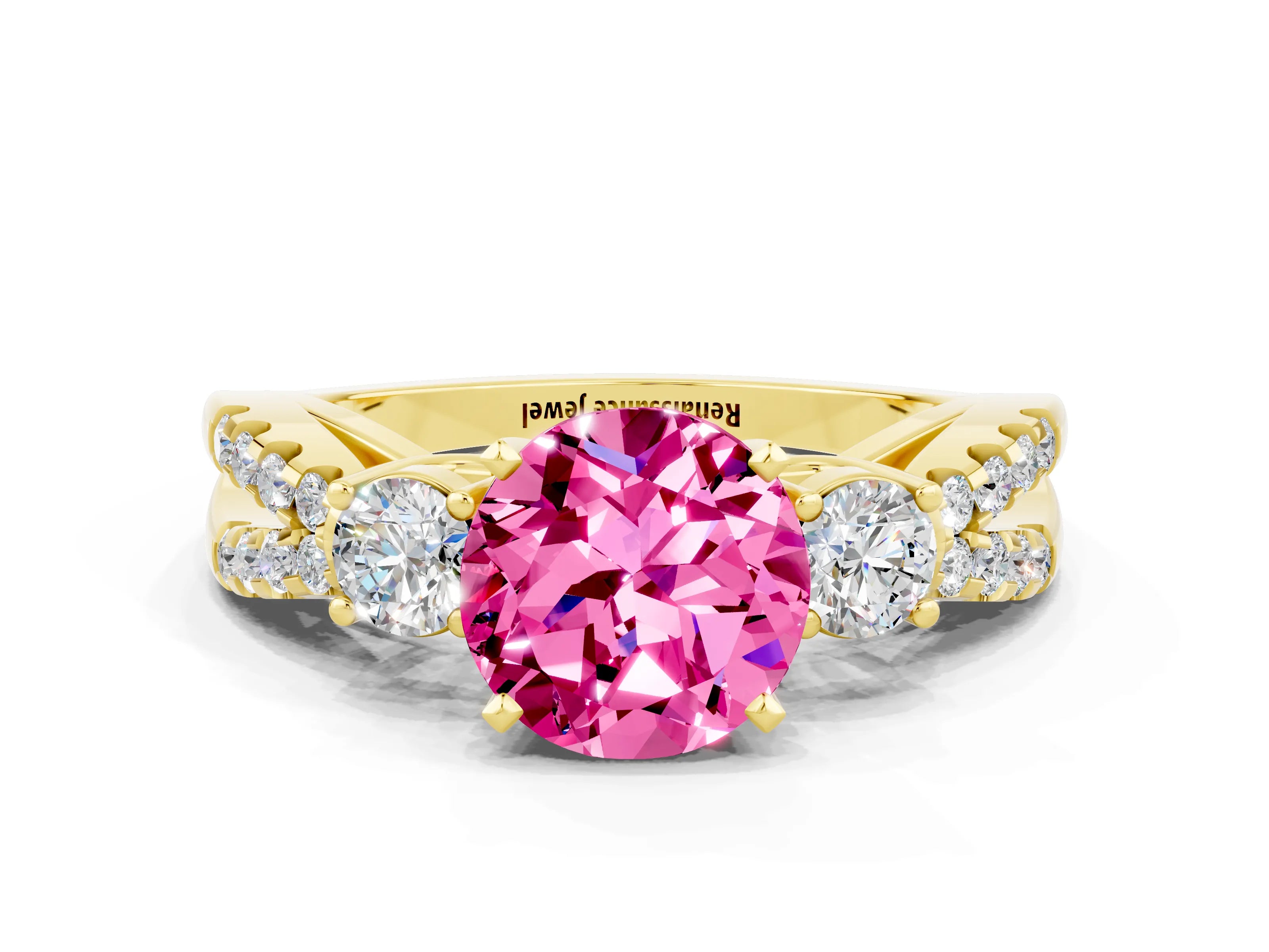 Yellow gold Round Cut Pink Sapphire Three-Stone Ring with Pavé Split Shank and Four-Prong Setting_24