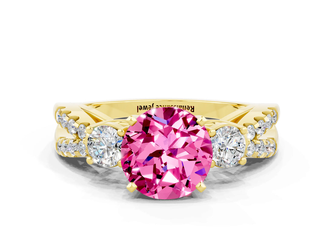 Yellow gold Round Cut Pink Sapphire Three-Stone Ring with Pavé Split Shank and Four-Prong Setting_24