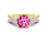Yellow gold Round Cut Pink Sapphire Three-Stone Ring with Pavé Split Shank and Four-Prong Setting_24
