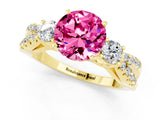 Yellow gold Round Cut Pink Sapphire Three-Stone Ring with Pavé Split Shank and Four-Prong Setting_25