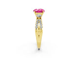 Yellow gold Round Cut Pink Sapphire Three-Stone Ring with Pavé Split Shank and Four-Prong Setting_26