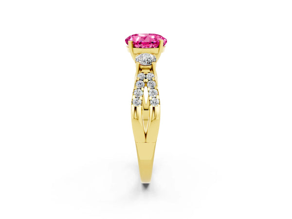 Yellow gold Round Cut Pink Sapphire Three-Stone Ring with Pavé Split Shank and Four-Prong Setting