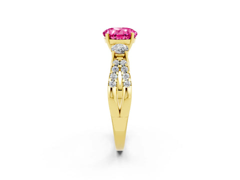 Yellow gold Round Cut Pink Sapphire Three-Stone Ring with Pavé Split Shank and Four-Prong Setting_26