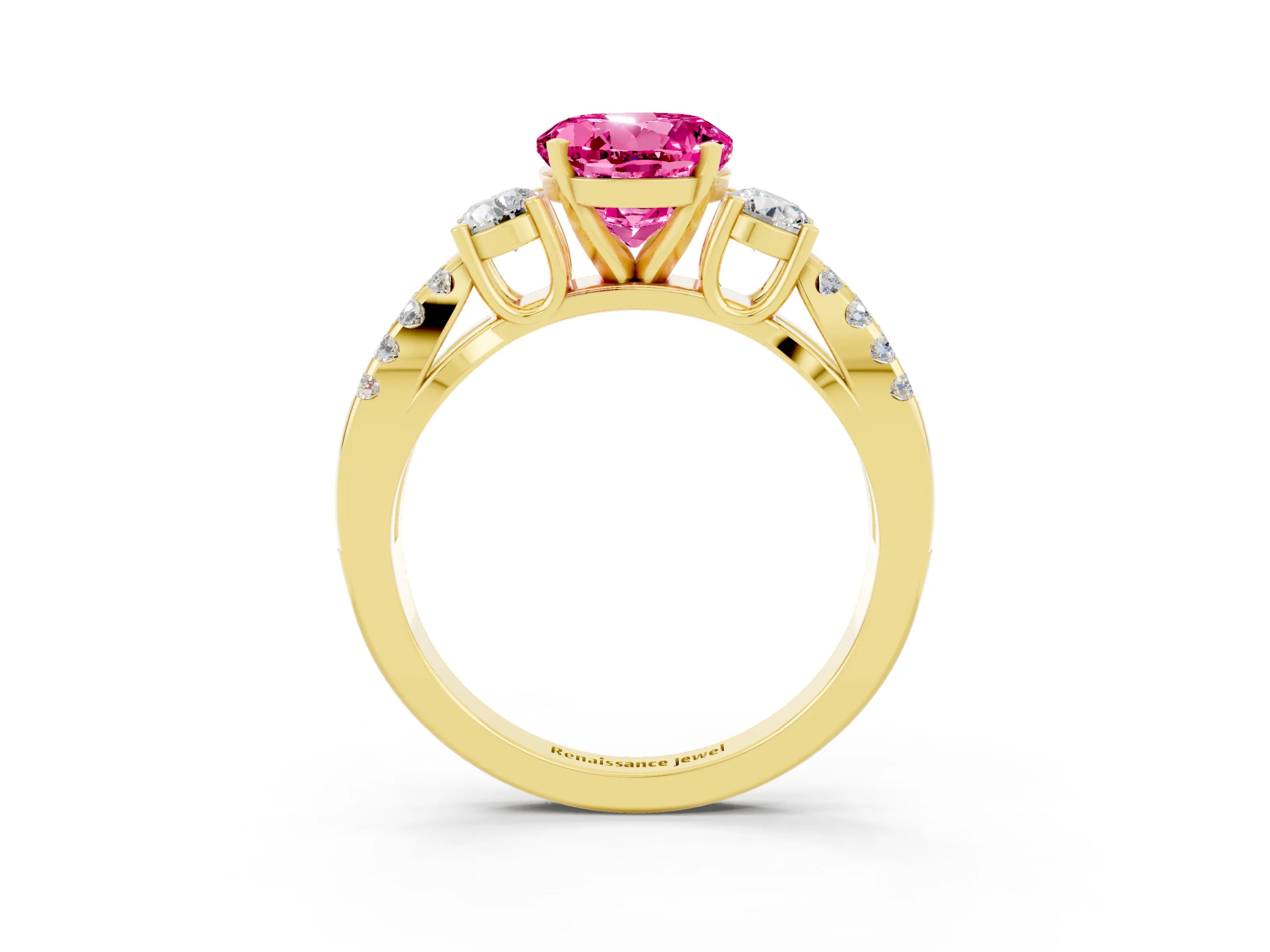Yellow gold Round Cut Pink Sapphire Three-Stone Ring with Pavé Split Shank and Four-Prong Setting_27