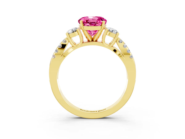 Yellow gold Round Cut Pink Sapphire Three-Stone Ring with Pavé Split Shank and Four-Prong Setting
