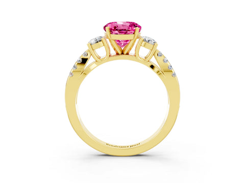 Yellow gold Round Cut Pink Sapphire Three-Stone Ring with Pavé Split Shank and Four-Prong Setting_27