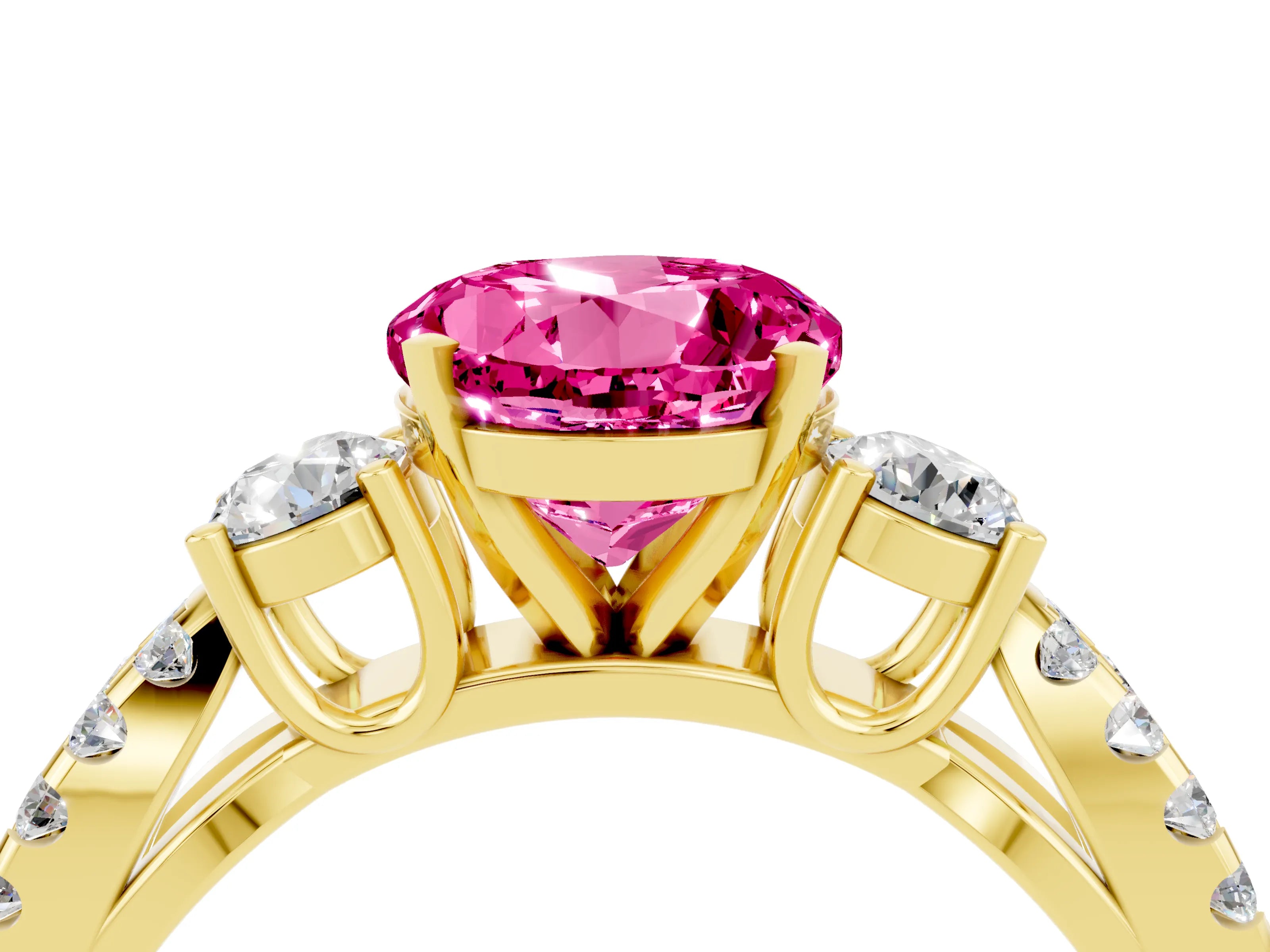 Yellow gold Round Cut Pink Sapphire Three-Stone Ring with Pavé Split Shank and Four-Prong Setting_28