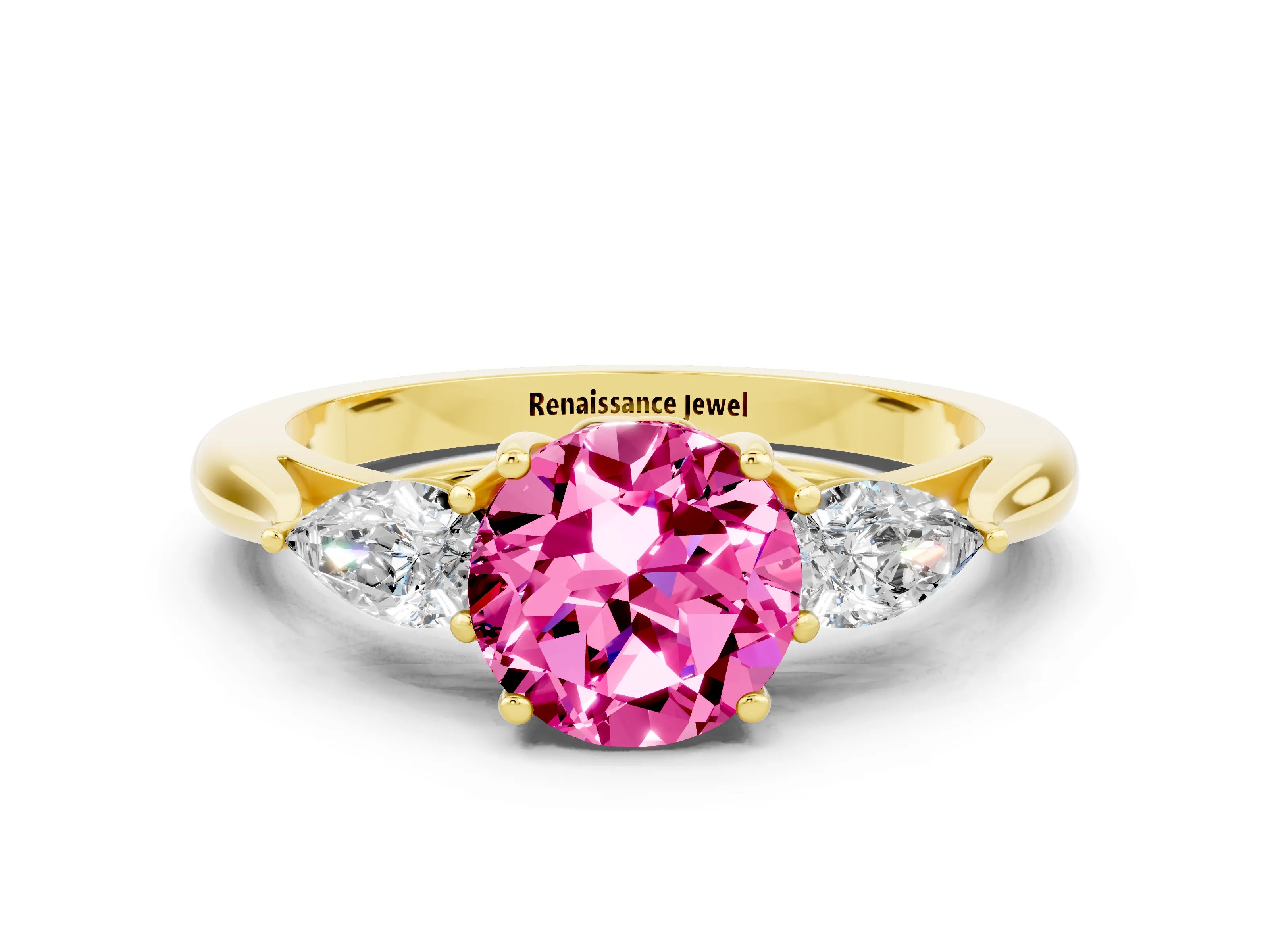 Yellow gold Round Cut Pink Sapphire Three-Stone Ring with Pear Side Stones and Four-Prong Setting_12