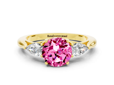 Yellow gold Round Cut Pink Sapphire Three-Stone Ring with Pear Side Stones and Four-Prong Setting_12